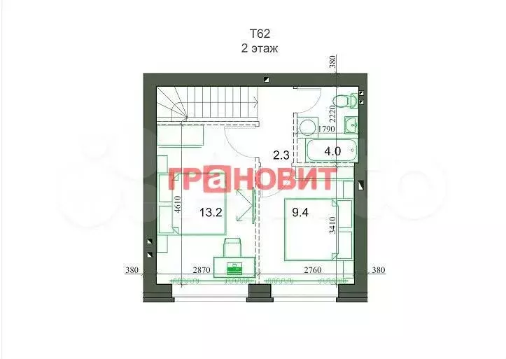 2-к. квартира, 62,3 м, 2/2 эт. - Фото 1