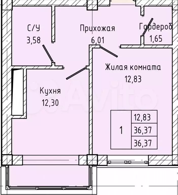 1-к. квартира, 36,4 м, 3/7 эт. - Фото 1