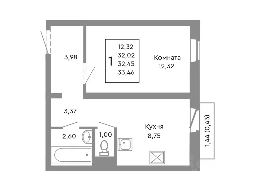 1-к кв. Челябинская область, Челябинск Нефтебазовая ул., 1-13 (32.45 ... - Фото 0
