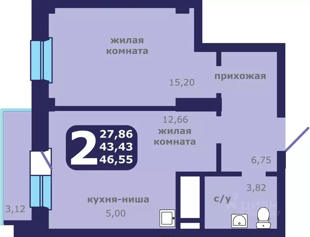 2-к кв. Красноярский край, Красноярск ул. Шевченко, 1 (46.55 м) - Фото 0