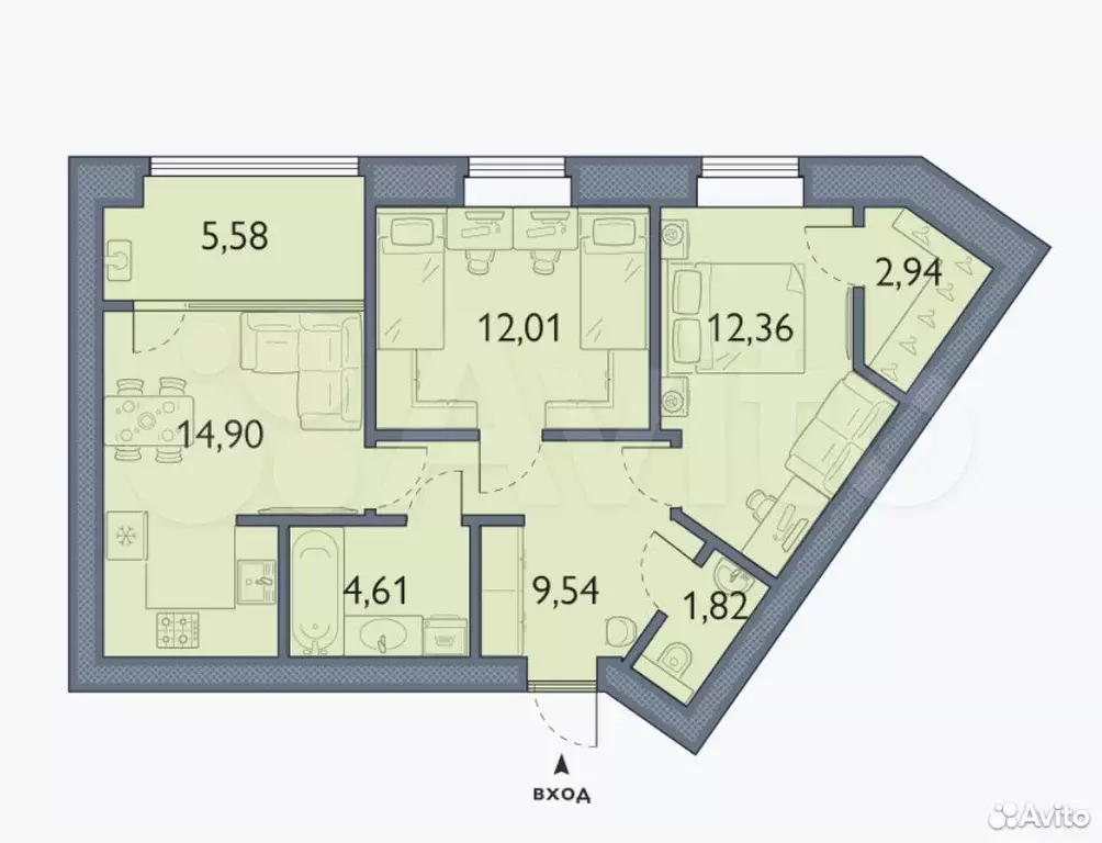 2-к. квартира, 63,8 м, 4/6 эт. - Фото 1