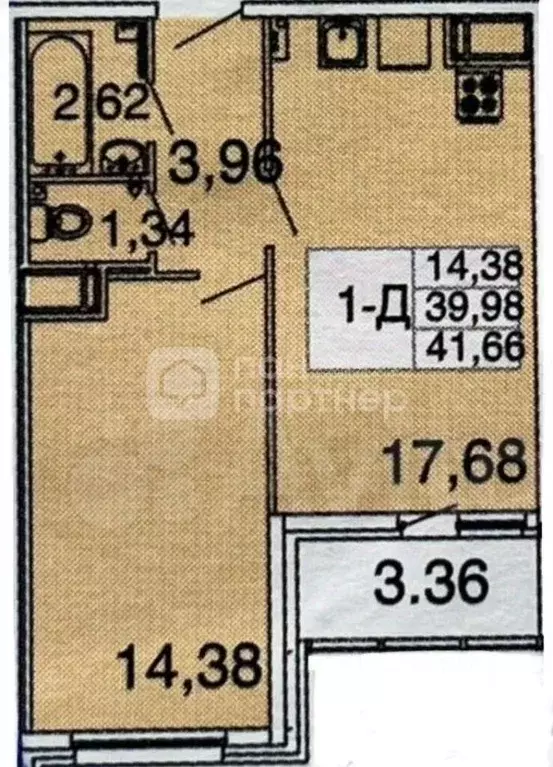 Квартира, 1 комната, 39.79 м - Фото 0