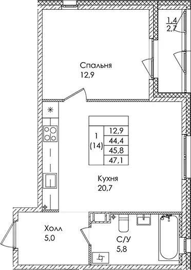Продаётся 1-к квартира, 45.8 м - Фото 1