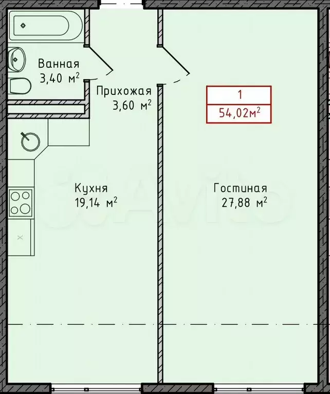 1-к. квартира, 54 м, 5/13 эт. - Фото 1