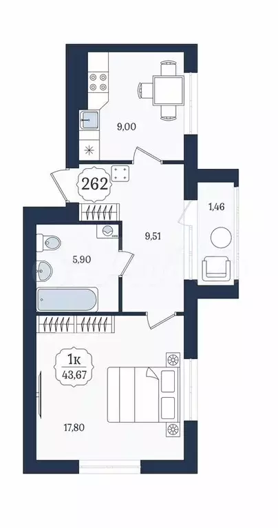 1-к. квартира, 43,7 м, 8/9 эт. - Фото 1