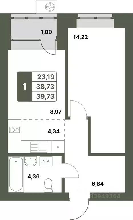 1-к кв. Башкортостан, Уфимский район, с. Миловка  (39.73 м) - Фото 0