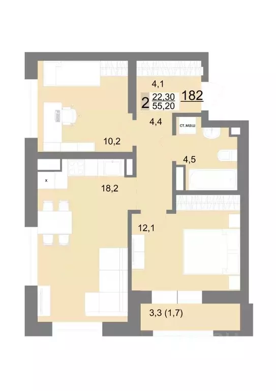2-к кв. Свердловская область, Екатеринбург ул. Металлургов, 63/1 (55.2 ... - Фото 1