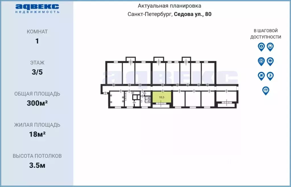 Комната Санкт-Петербург ул. Седова, 80 (18.0 м) - Фото 1