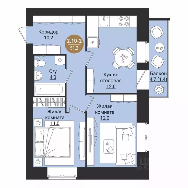 2-к кв. Вологодская область, Вологда Старое ш. (51.2 м) - Фото 1