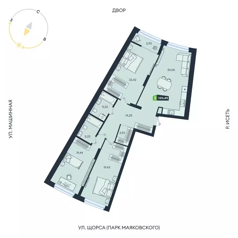 3-комнатная квартира: Екатеринбург, Машинная улица, 1В/4 (120.45 м) - Фото 1