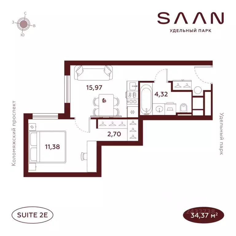 2-к кв. Санкт-Петербург  (34.37 м) - Фото 1