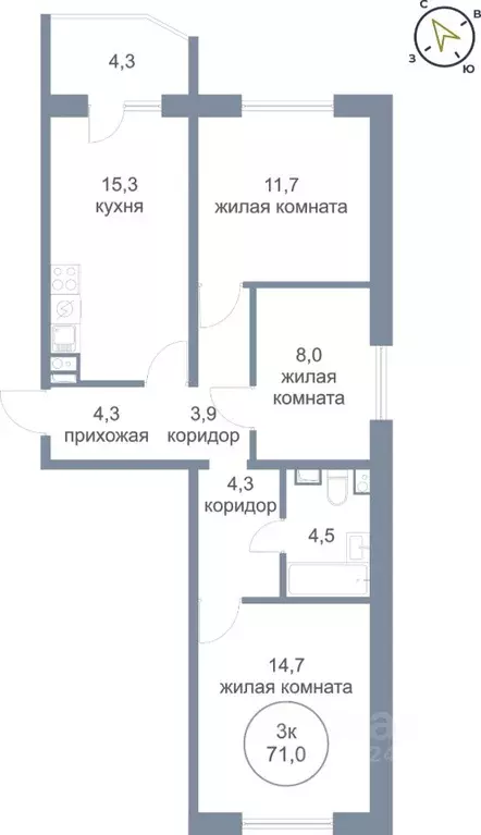 3-к кв. Ханты-Мансийский АО, Нефтеюганск 6-й мкр, 11 (71.0 м) - Фото 0
