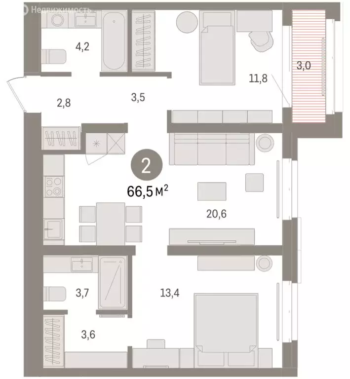 2-комнатная квартира: Тюмень, жилой комплекс На Минской (66.49 м) - Фото 1