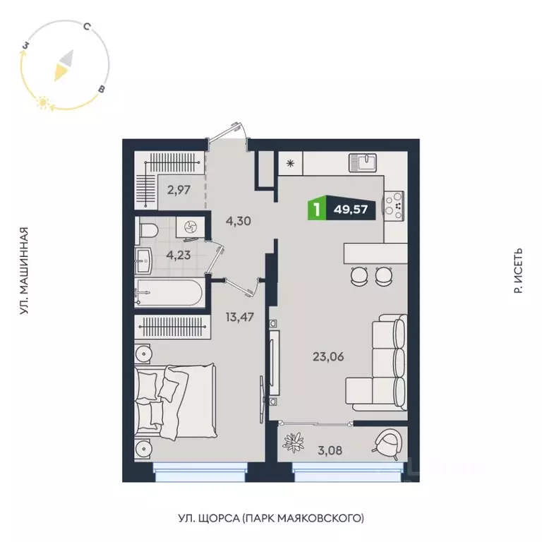 1-к кв. Свердловская область, Екатеринбург ул. Машинная, 1В/4 (49.57 ... - Фото 1