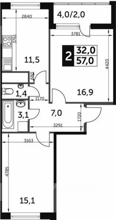 2-к кв. Московская область, Одинцово ул. Сколковская, 9Б (59.0 м) - Фото 1