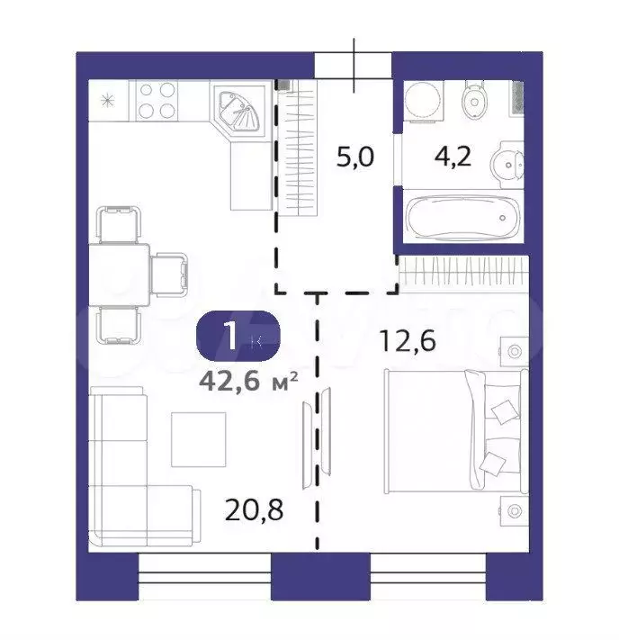 1-к. квартира, 42,6 м, 6/6 эт. - Фото 1