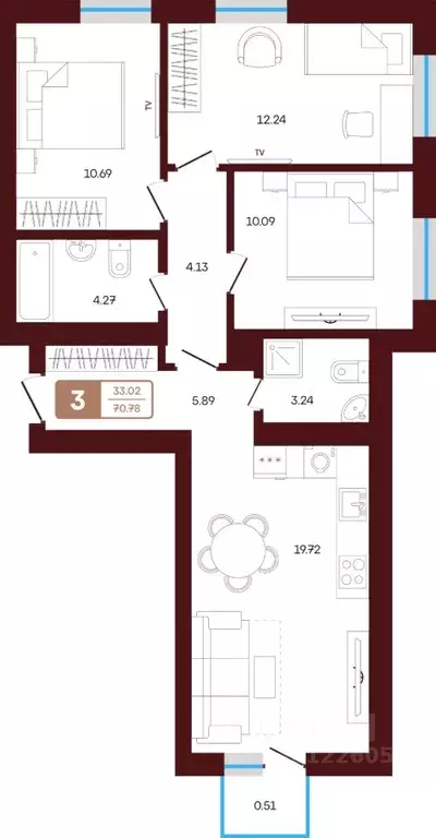 3-к кв. Башкортостан, Иглинский район, с. Акбердино  (70.78 м) - Фото 1