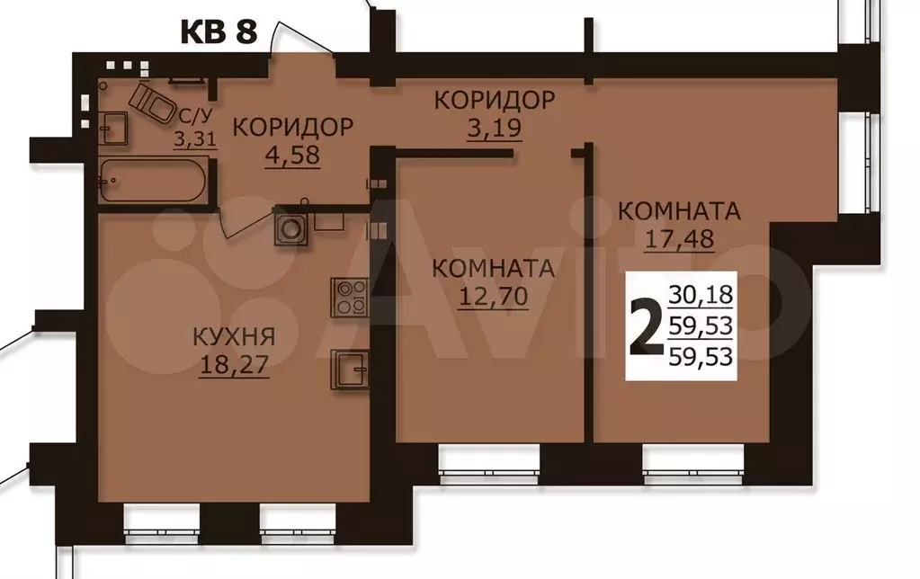 2-к. квартира, 59,5 м, 1/6 эт. - Фото 1