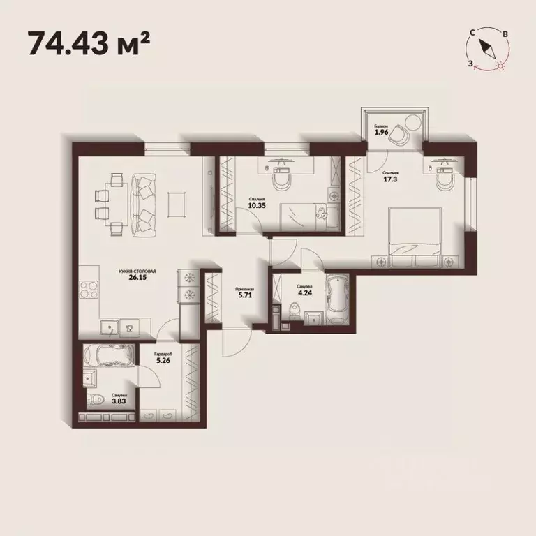 2-к кв. Приморский край, Владивосток Каскада жилой комплекс (73.43 м) - Фото 1