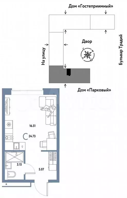 Квартира-студия, 24,7 м, 5/15 эт. - Фото 0