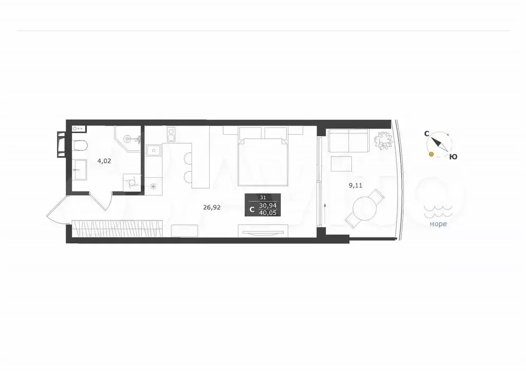 Апартаменты-студия, 40,1 м, 5/11 эт. - Фото 0
