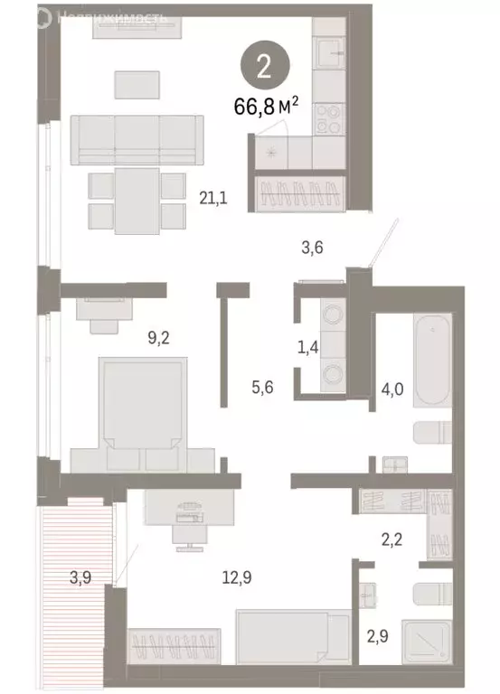 2-комнатная квартира: Тюмень, улица Республики, 205к3 (66.78 м) - Фото 1