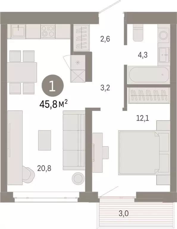 1-комнатная квартира: Тюмень, Ленинский округ (45.84 м) - Фото 1