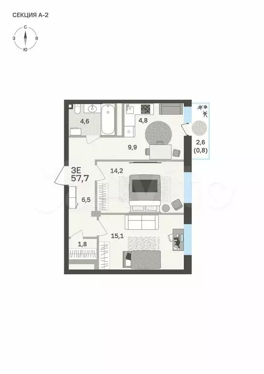 3-к. квартира, 57,7 м, 2/6 эт. - Фото 0