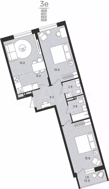 3-к. квартира, 63,3 м, 7/8 эт. - Фото 0