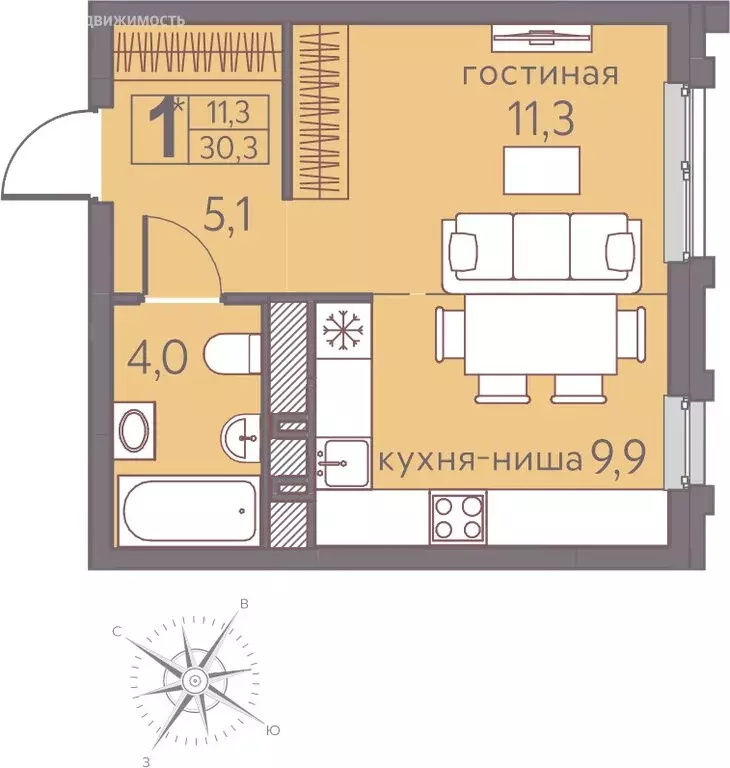 Квартира-студия: Пермь, Серебристая улица, 5 (30.3 м) - Фото 0