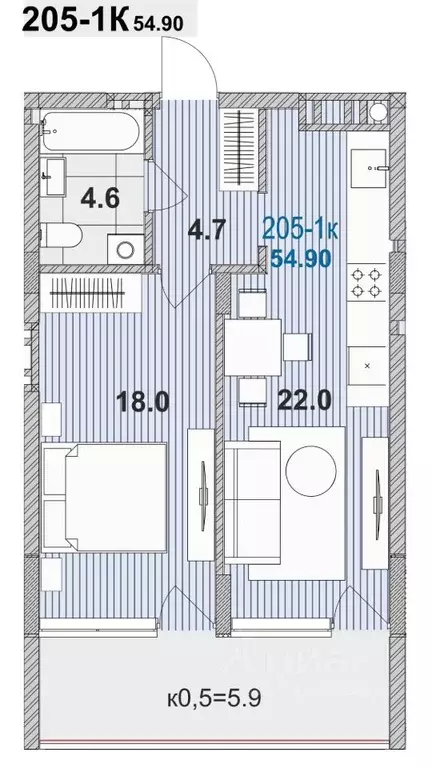 1-к кв. Калининградская область, Зеленоградск ул. Гагарина, 87 (54.9 ... - Фото 1