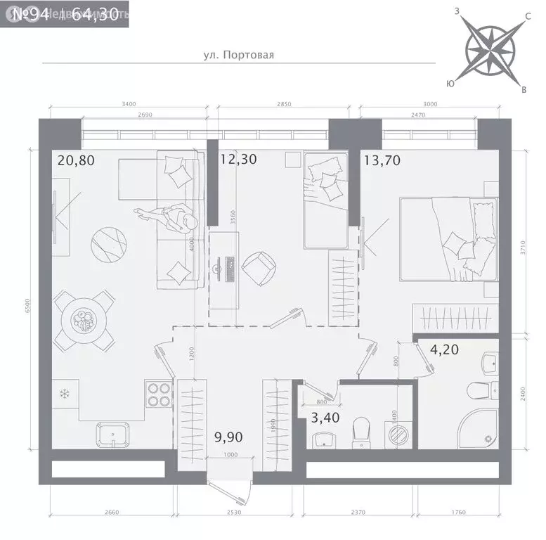 2-комнатная квартира: Казань, ЖК 1712 (64.3 м) - Фото 1