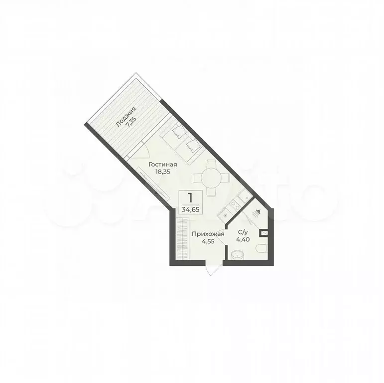 Апартаменты-студия, 34,7 м, 2/12 эт. - Фото 1