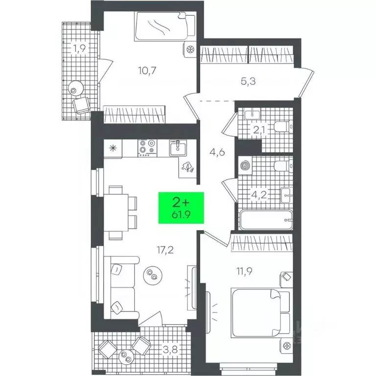 2-к кв. Тюменская область, Тюмень ул. Василия Малкова, 15 (61.93 м) - Фото 0