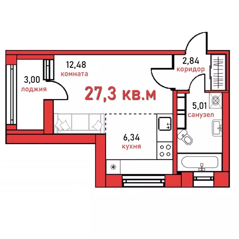 Студия Санкт-Петербург ул. Грибалевой, 9к1 (27.3 м) - Фото 0