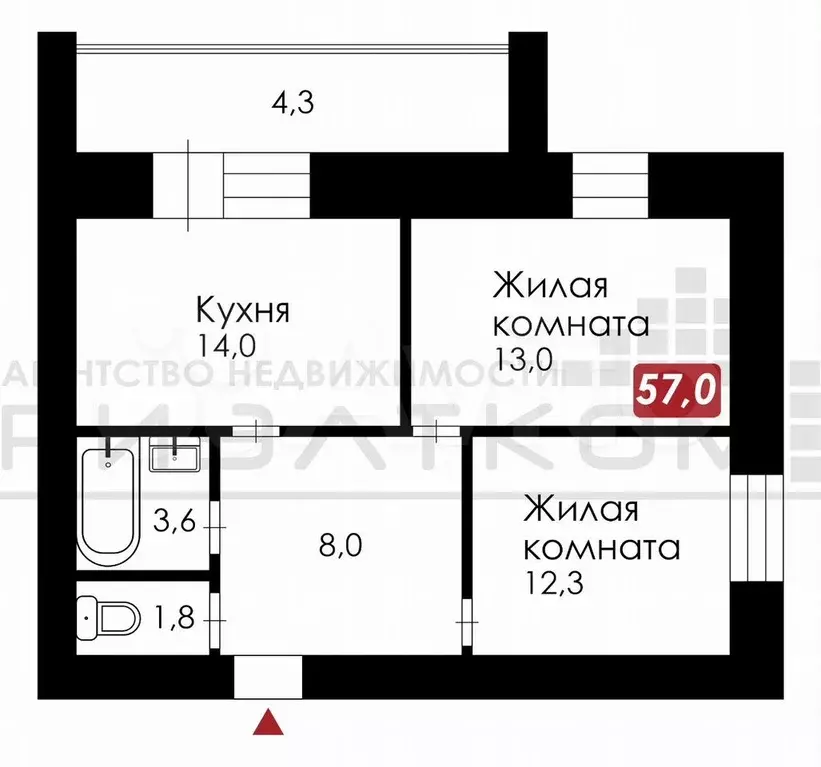 2-к. квартира, 57 м, 4/9 эт. - Фото 0