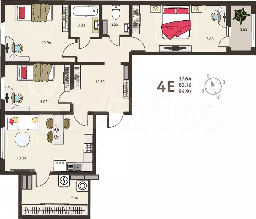 3-к. квартира, 85 м, 3/18 эт. - Фото 0