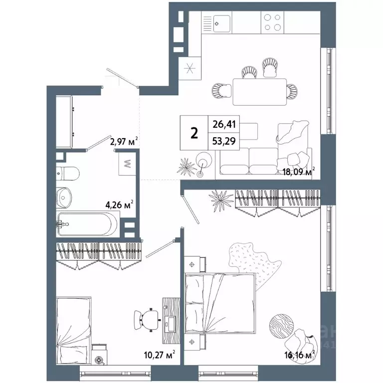 2-к кв. Башкортостан, Уфа 42-й кв-л,  (53.21 м) - Фото 1