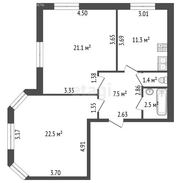 2-комнатная квартира: Бугры, Школьная улица, 11к2 (66.1 м) - Фото 1