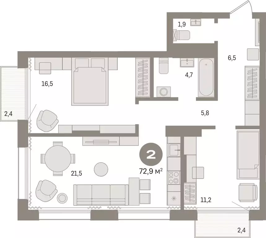 2-комнатная квартира: Тюмень, Краснооктябрьская улица, 4к3 (72.87 м) - Фото 1