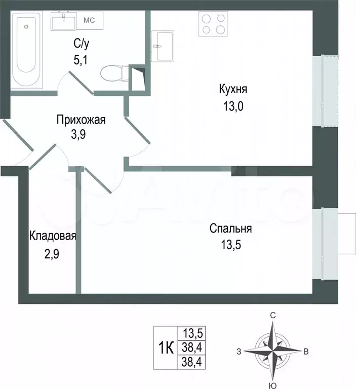 1-к. квартира, 38,4 м, 2/8 эт. - Фото 0