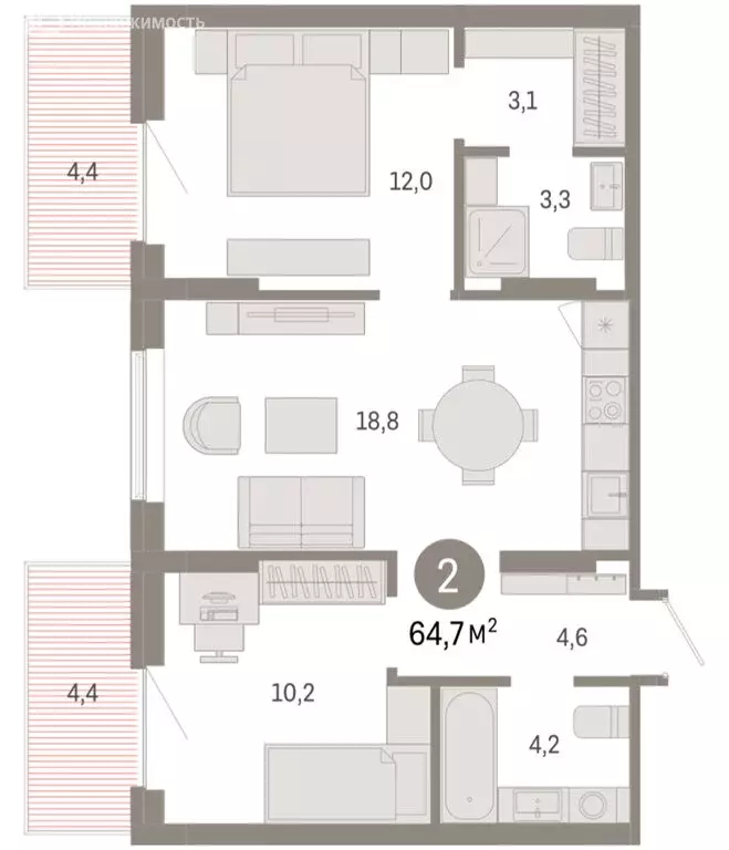 2-комнатная квартира: Омск, Кировский округ (64.69 м) - Фото 1