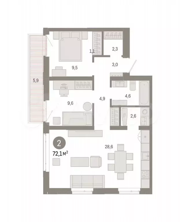 2-к. квартира, 72,1 м, 4/9 эт. - Фото 0