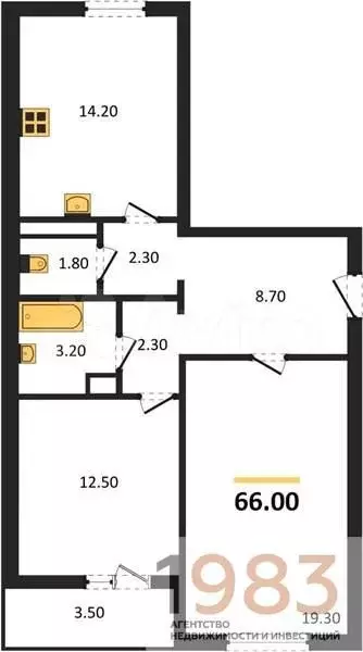 2-к. квартира, 66 м, 1/7 эт. - Фото 0