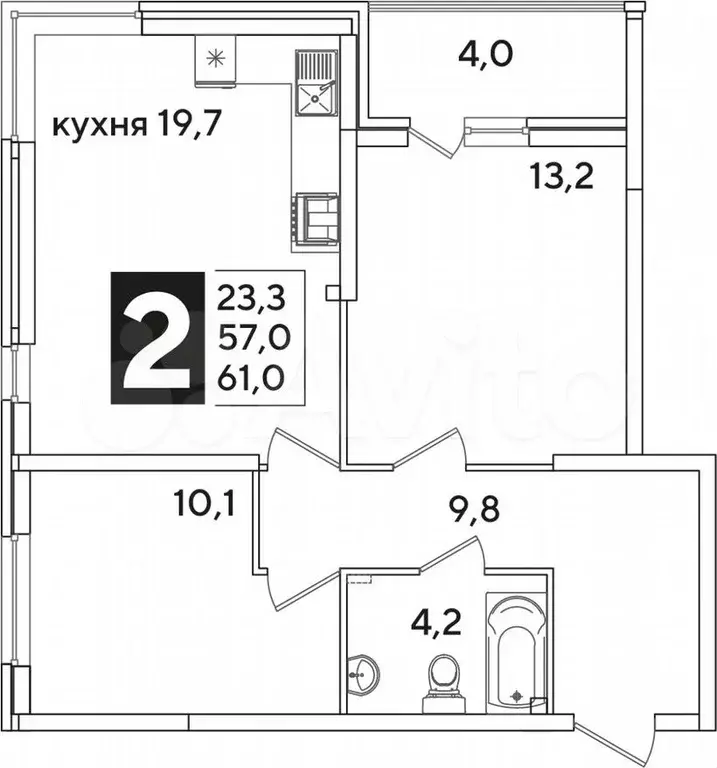 2-к. квартира, 61м, 2/16эт. - Фото 1