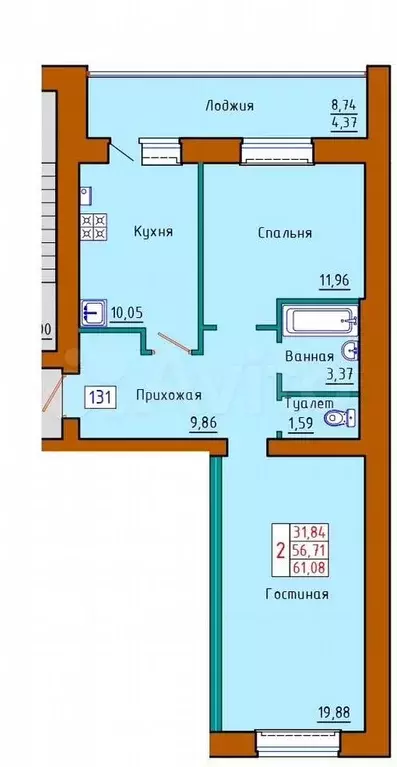 2-к. квартира, 61,1 м, 8/8 эт. - Фото 0