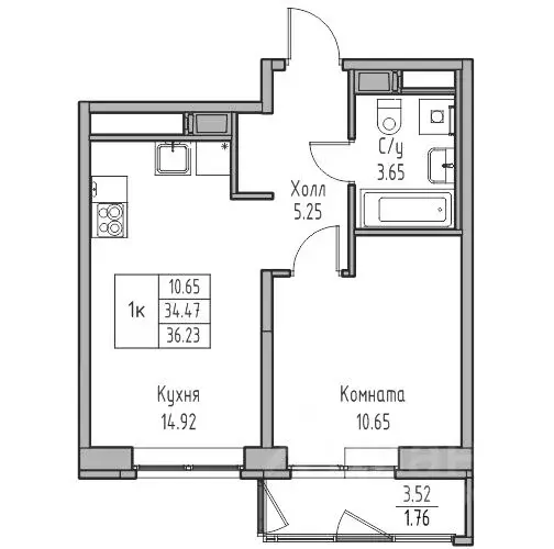 1-к кв. Санкт-Петербург ул. Ивинская, 1к4 (36.23 м) - Фото 1
