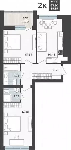 2-к. квартира, 63,5м, 1/9эт. - Фото 0