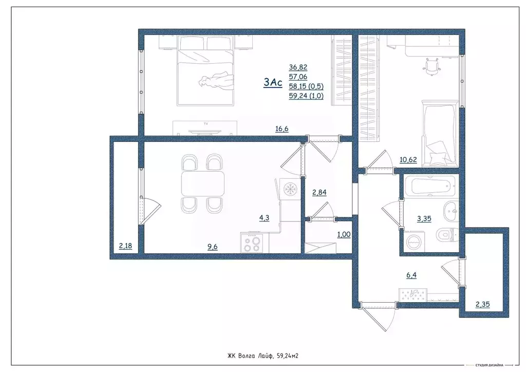 3-к кв. Тверская область, Тверь Новочеркасская ул., 49 (59.24 м) - Фото 2