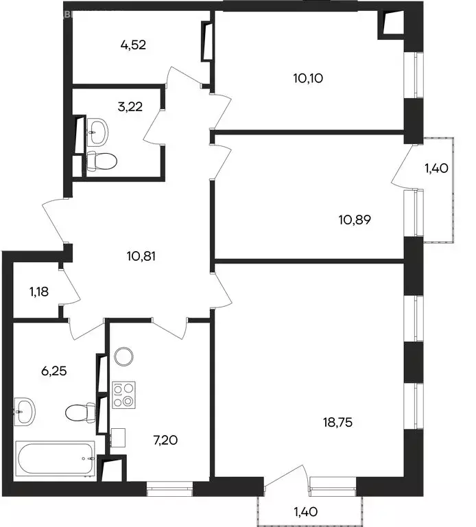 3-комнатная квартира: Заозёрное, жилой комплекс Кубики (75.72 м) - Фото 1